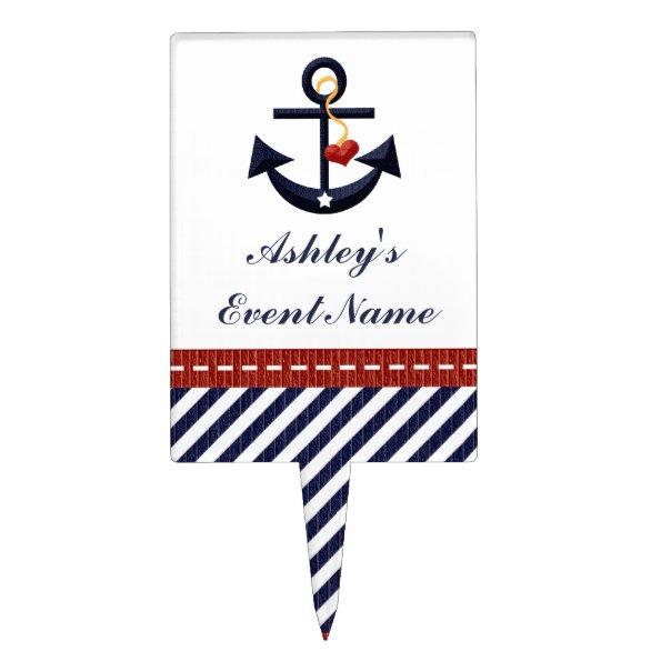 Red Navy Blue Anchor Nautical Cake Pick Topper