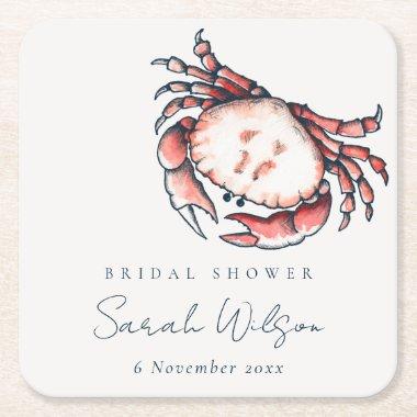 Red Navy Underwater Crab Nautical Bridal Shower Square Paper Coaster