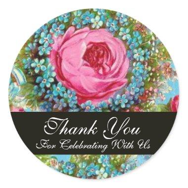 RED PINK ROSES AND BLUE FLOWERS Thank You Classic Round Sticker