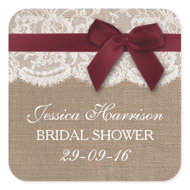 Red Ribbon On Burlap & Lace Bridal Shower Square Sticker