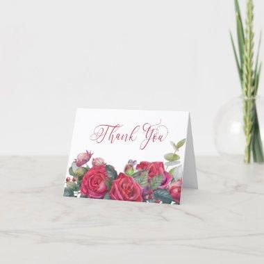 Red Rose and Eucalyptus Elegant Calligraphy Thank You Invitations
