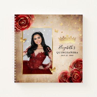 Red Rose Gold Elegant Photo Quinceanera Guest Notebook