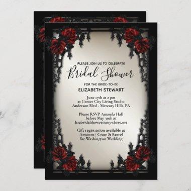 Red Rose Gothic Wedding Bridal Shower Antique Gold Invitations