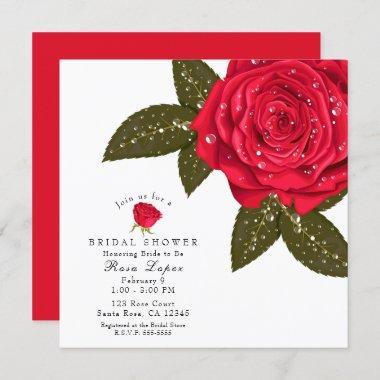Red Rose Wet Water Dewdrops Bridal Shower Invitations