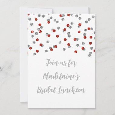 Red Silver Confetti Bridal Luncheon Invitations
