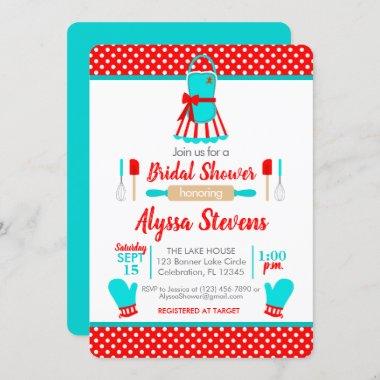 Red & Teal Retro Christmas Kitchen Bridal Shower Invitations