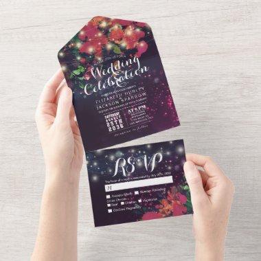 Red Watercolor Flowers Purple Sparkle Wedding RSVP All In One Invitations