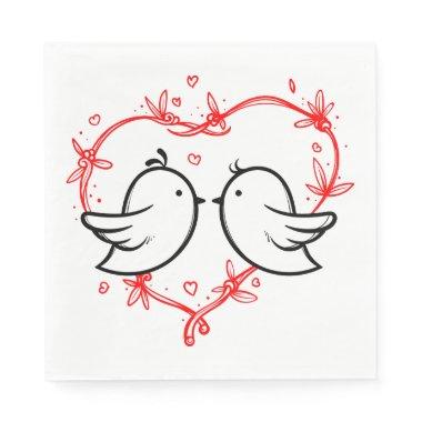 Red Wedding Black Lovebirds & Heart Bridal Shower Paper Napkins