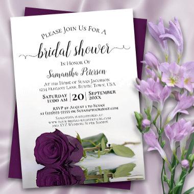 Reflecting Plum Purple Rose Elegant Bridal Shower Invitations