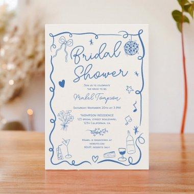 Retro blue hand drawn illustrated bridal shower Invitations