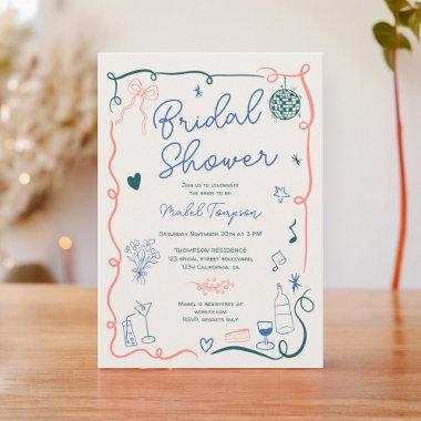 Retro French hand drawn illustrated bridal shower Invitations