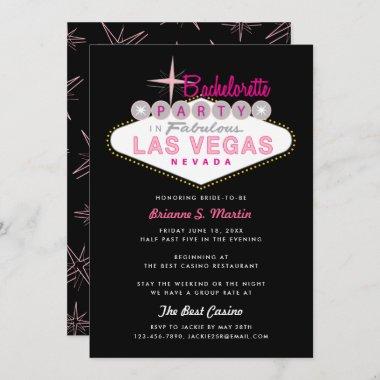 Retro Las Vegas Sign Pink Black Bachelorette Party Invitations
