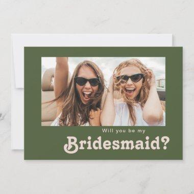 Retro Olive Green Photo Bridesmaid Proposal Invitations