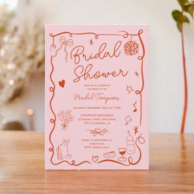 Retro pink red handdrawn illustrated bridal shower Invitations