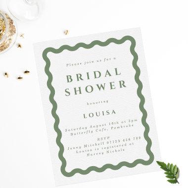 Retro Sage Green Squiggle Frame Bridal Shower Invitations