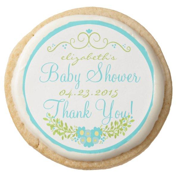 Robin's Egg Blue Baby Shower- Floral Round Shortbread Cookie
