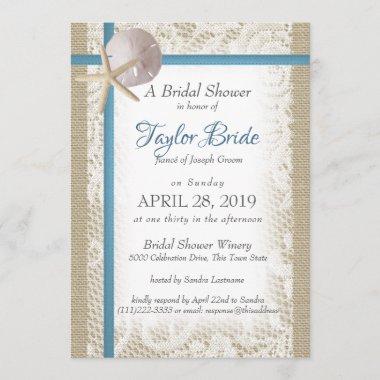 Romantic Beach and Lace Blue Bridal Shower Invitations