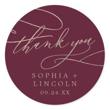 Romantic Burgundy Calligraphy Thank You Favor Classic Round Sticker