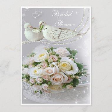 Romantic Doves, Sparkles & Roses Bridal Shower Invitations