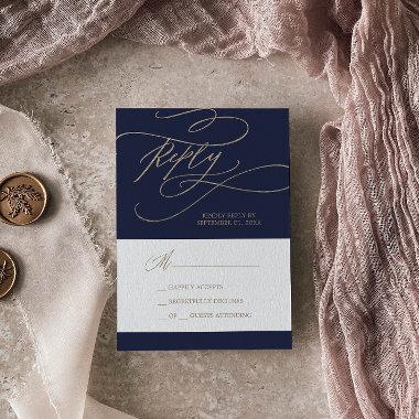 Romantic Gold and Navy Calligraphy Simple RSVP Card