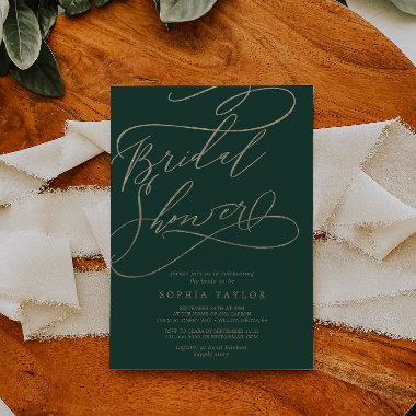 Romantic Green Calligraphy Flourish Bridal Shower Invitations