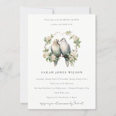 Romantic Love Birds Botanical Wreath Bridal Shower Invitations