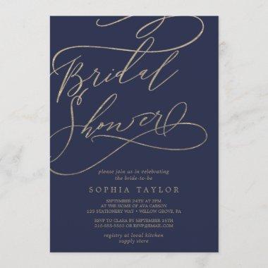 Romantic Navy Calligraphy Flourish Bridal Shower Invitations