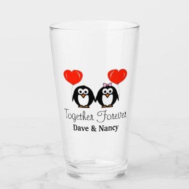 Romantic penguin cartoon custom wedding couple glass