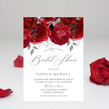 Romantic Red Roses Silver Leaf Bridal Shower Invitations