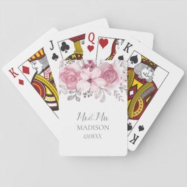 Romantic Watercolor Pink Florals Mr & Mrs Wedding Playing Invitations