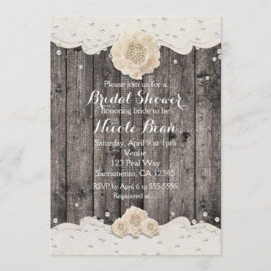 Romantic White Flower & Pearls Rustic Wood Invitations