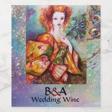 ROMANTIC WOMAN WITH PEACOCK FEATHER Blue Wedding Wine Label