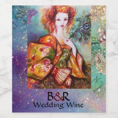 ROMANTIC WOMAN WITH PEACOCK FEATHER Teal Wedding Wine Label