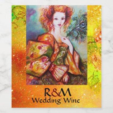 ROMANTIC WOMAN WITH PEACOCK FEATHER Yellow Wedding Wine Label