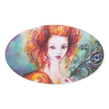 ROMANTIC WOMAN WITH SPARKLING PEACOCK FEATHER OVAL STICKER
