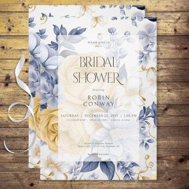 Romantic Yellow Blue & White Floral Bridal Shower Invitations