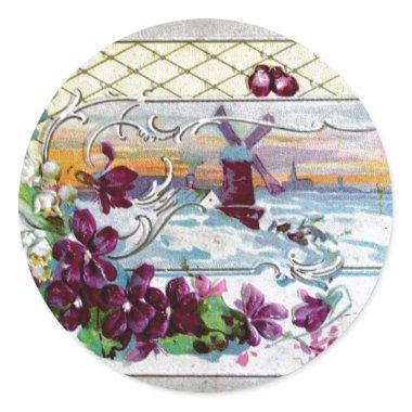 ROMANTICA /WINDMILL IN THE SNOW,PANSIES,SNOWDROPS CLASSIC ROUND STICKER