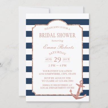 Rose Gold Anchor Nautical Stripes Bridal Shower Invitations