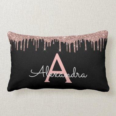 Rose Gold - Blush Pink Black Glitter Monogram Name Lumbar Pillow