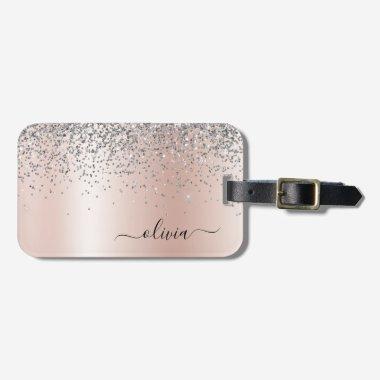 Rose Gold - Blush Pink Glitter Silver Monogram Luggage Tag