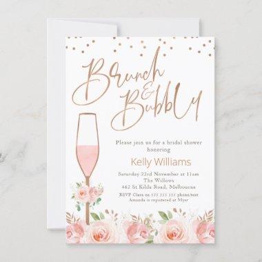 Rose Gold Brunch Bubbly Floral Bridal Shower Invitations