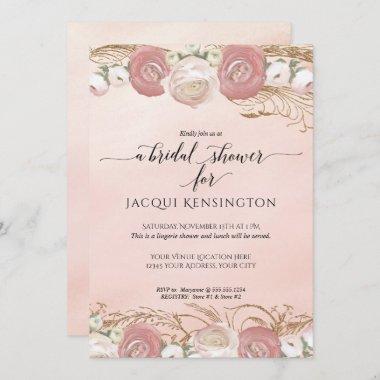 Rose Gold Glitter Blush Pink Floral Bridal Shower Invitations