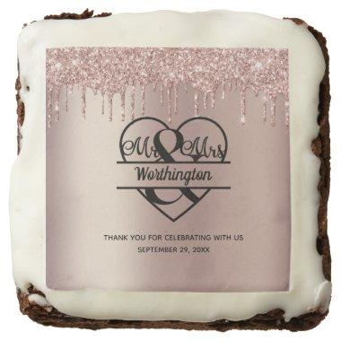 Rose Gold Glitter Drips Mr. and Mrs. Heart Wedding Brownie