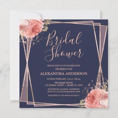 Rose Gold Navy Blue Floral Modern Bridal Shower Invitations