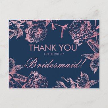 Rose Gold Navy Simple Floral Bridesmaid Thank You PostInvitations