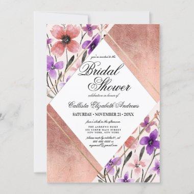 Rose Gold Pink Flower Watercolor Bridal Shower Invitations