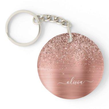 Rose Gold Pink Glitter Brushed Metal Monogram Keychain