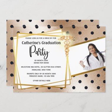 Rose gold polka dot DIY photo caduceus graduation Invitations