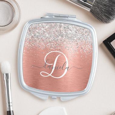 Rose Gold Pretty Girly Silver Glitter Sparkly Compact Mirror