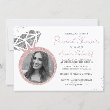 Rose Gold Silver Photo Sparkle Ring Bridal Shower Invitations
